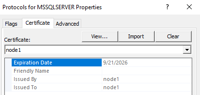 SQL Server Configuration Manager Certificate tab showing bound server certificate