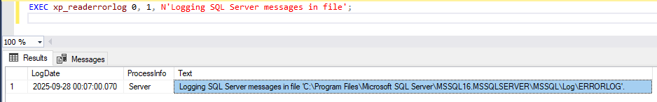 Query result showing the error log file path