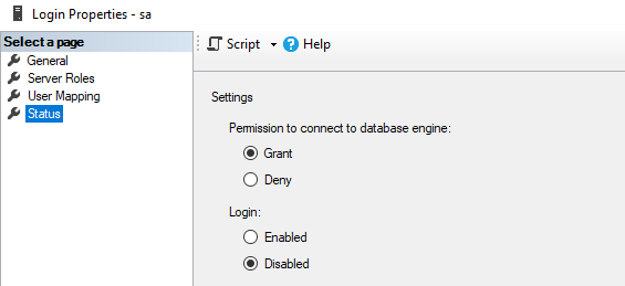 SSMS screenshot: enable a disabled login