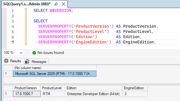 SSMS Version Query Result