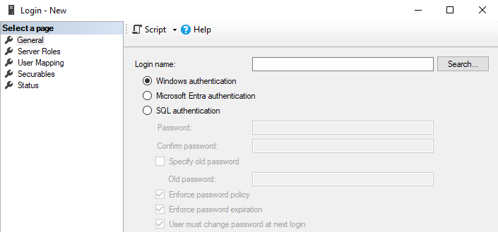 SSMS: Create login dialog
