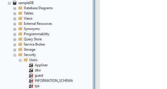 SSMS: sampleDB > Security > Users